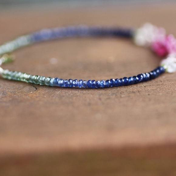Pink, Green, and Blue Sapphire Bracelet in Solid 14K White Gold - Picture 4 of 7